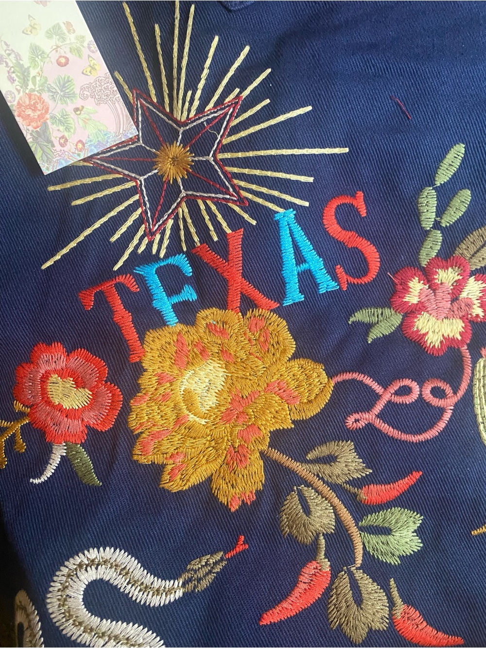 Johnny Was Texas Navy Embroidered Canvas Tote with Multicolor Floral Motif - Picture 5 of 10
